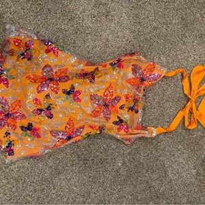 Vibrant Orange Floral Dress with Sequins and a Cowl Neck